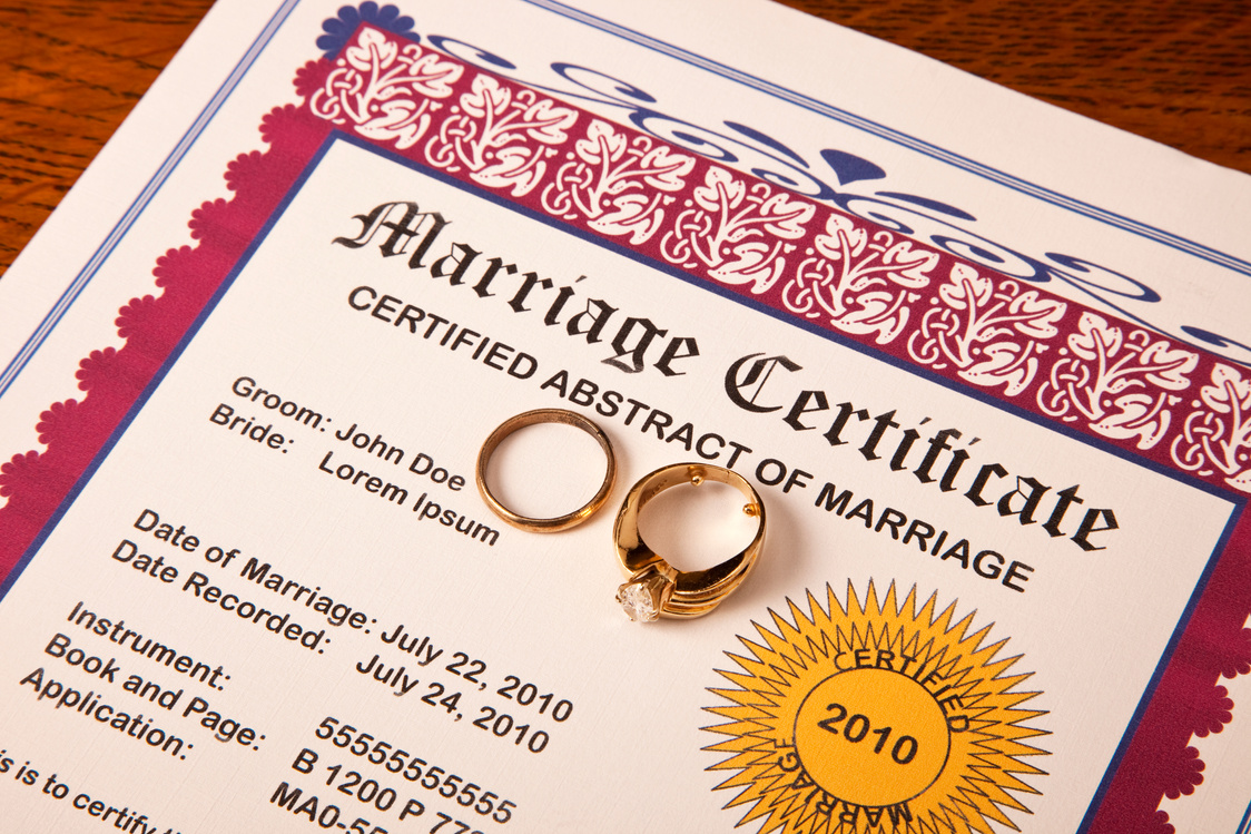Marriage Certificate and wedding rings